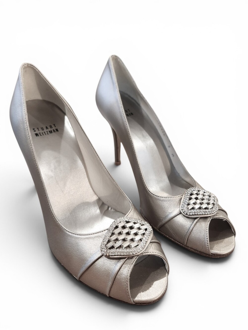 Stuart Weitzman Silver Peep-Toe High Heels with Emerald Cut Gemstones Size 9